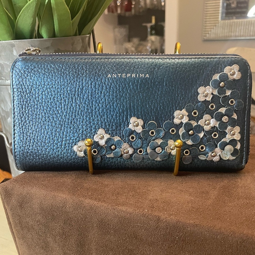 Anteprima Metallic Blue Leather Wallet With Blue And Silver Floral Appliqués